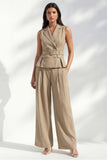 Khaki 2 Piece Notched Lapel Women's Linen Suits with Belt