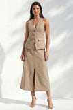 A Line khaki 2 Piece Sleeveless Midi Work Dress with Slit