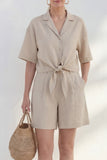 2 Piece Notched Lapel Khaki Women's Linen Suits with Half Sleeves