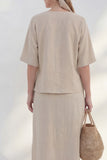 Khaki 2 Piece Half Sleeve A Line Midi Work Dress with Slit