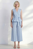 Light Blue 2 Piece Ruffled Women's Linen Suits with Sash