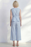Light Blue 2 Piece Ruffled Women's Linen Suits with Sash