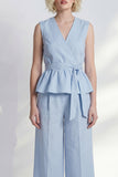 Light Blue 2 Piece Ruffled Women's Linen Suits with Sash