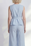 Light Blue 2 Piece Ruffled Women's Linen Suits with Sash