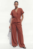 Caramel 2 Piece Women's Linen Suits with Short Sleeves