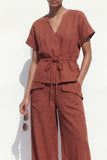 Caramel 2 Piece Women's Linen Suits with Short Sleeves