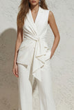 Notched Lapel White Sleeveless Women Suits with Sash