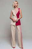 Notched Lapel ColorBlock Light Khaki 2 Piece Sleeveless Women Suits