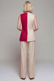 Notched Lapel ColorBlock Light Khaki 2 Piece Sleeveless Women Suits