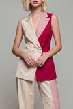 Notched Lapel ColorBlock Light Khaki 2 Piece Sleeveless Women Suits