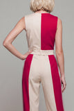 V Neck ColorBlock Light Khaki Women's Jumpsuits