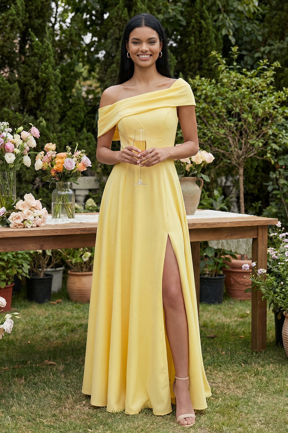 Berylove Women Asymmetrical Neck Wedding Guest Dress Yellow A Line Maxi Party Dress with Slit, Yellow / US2 Berylove Women Asymmetrical Neck Wedding Guest Dress Yellow A Line Maxi Party Dress with Slit, Yellow / US2
