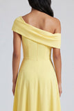 Asymmetrical Neck Yellow A Line Maxi Dress with Slit