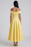 Off the Shoulder Ruched Satin Yellow A Line Maxi Dress