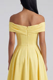 Off the Shoulder Ruched Satin Yellow A Line Maxi Dress