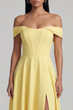 Off the Shoulder Corset A Line Satin Yellow Maxi Dress