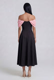 Colorblock Off the Shoulder A Line Black Wedding Guest Dress