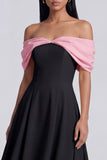 Colorblock Off the Shoulder A Line Black Wedding Guest Dress