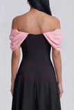 Colorblock Off the Shoulder A Line Black Wedding Guest Dress