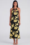 Blue Halter Cut Out Mermaid Floral Appliqued Wedding Guest Dress