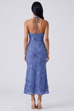 Blue Halter Cut Out Mermaid Floral Appliqued Wedding Guest Dress