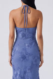 Blue Halter Cut Out Mermaid Floral Appliqued Wedding Guest Dress