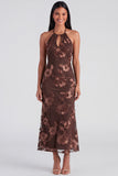 Blue Halter Cut Out Mermaid Floral Appliqued Wedding Guest Dress