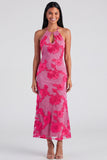 Blue Halter Cut Out Mermaid Floral Appliqued Wedding Guest Dress