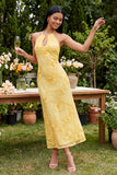 Blue Halter Cut Out Mermaid Floral Appliqued Wedding Guest Dress