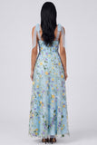 Blue Floral A Line Corset Embroidered Bowed Wedding Guest Dress