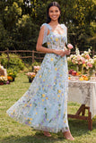 Blue Floral A Line Corset Embroidered Bowed Wedding Guest Dress