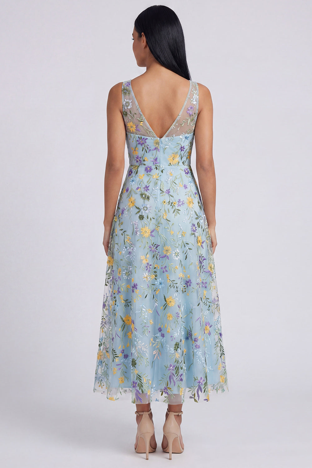 Berylove Women Floral Blue Wedding Guest Dress Embroidered A Line V Neck Midi Party Dress
