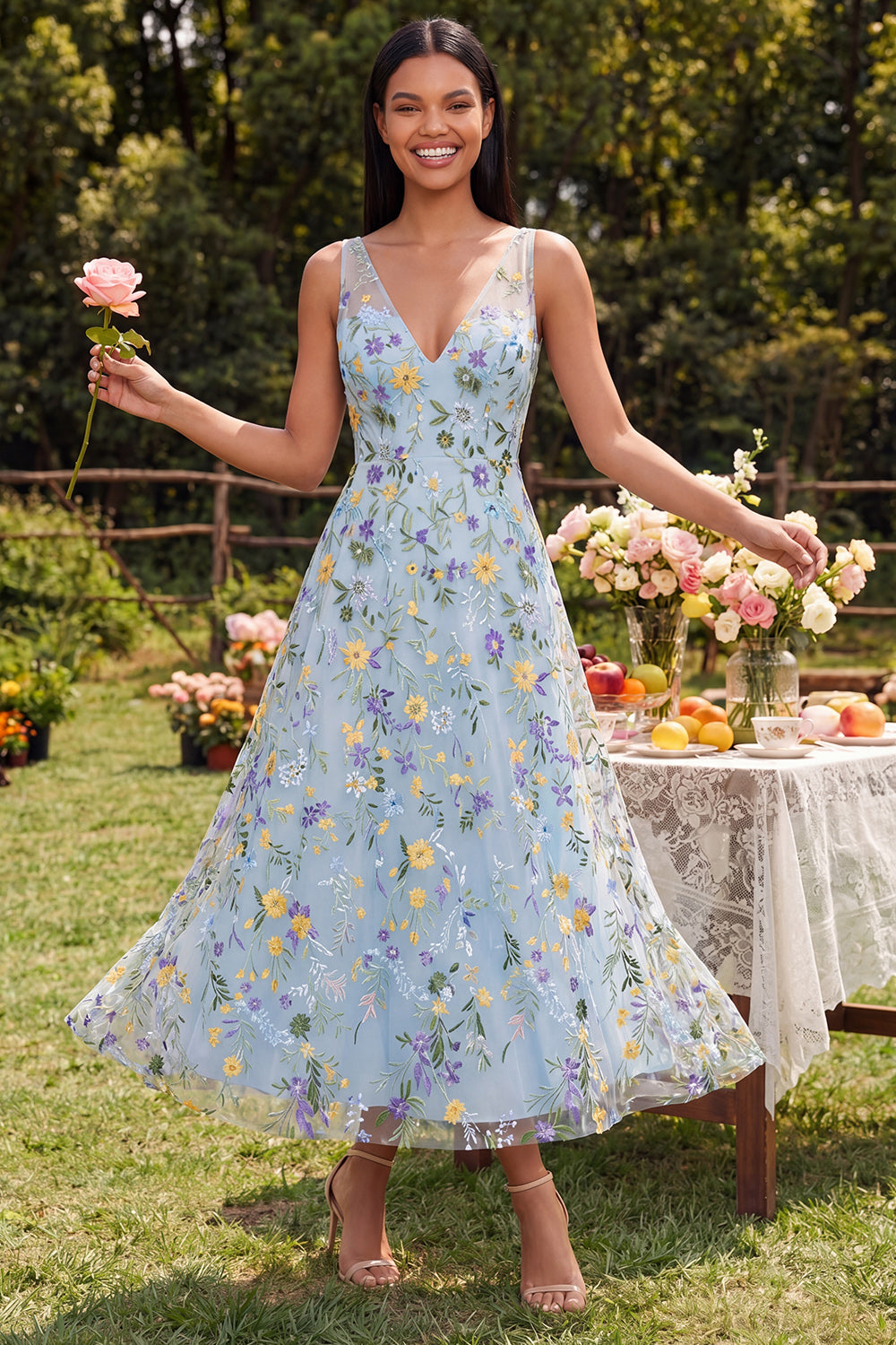 embroidered floral wedding guest dress Leely Women Grey Blue Floral Midi Wedding Guest Dress A Line Embroidered Thick Straps Garden Party Dress