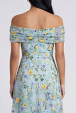 Off the Shoulder Floral Blue A Line Embroidered Wedding Guest Dress