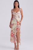 Ivory Printed Corset Sheath Bowed Wedding Guest Dress with Ruffles