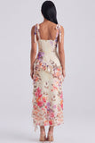 Ivory Printed Corset Sheath Bowed Wedding Guest Dress with Ruffles