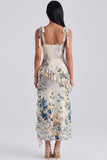Ivory Printed Corset Sheath Bowed Wedding Guest Dress with Ruffles
