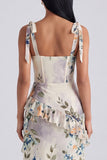 Ivory Printed Corset Sheath Bowed Wedding Guest Dress with Ruffles