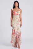 High Low Ivory Mermaid Ruched Printed Corset Wedding Guest Dress