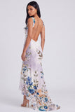 High Low Ivory Mermaid Ruched Printed Corset Wedding Guest Dress