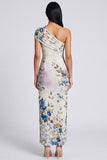 Black One Shoulder Ruched Printed Maxi Wedding Guest Dress