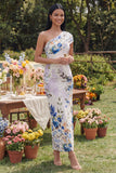 Black One Shoulder Ruched Printed Maxi Wedding Guest Dress