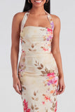 Halter Floral Champagne Printed Bodycon Wedding Guest Dress