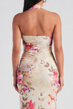 Halter Floral Champagne Printed Bodycon Wedding Guest Dress