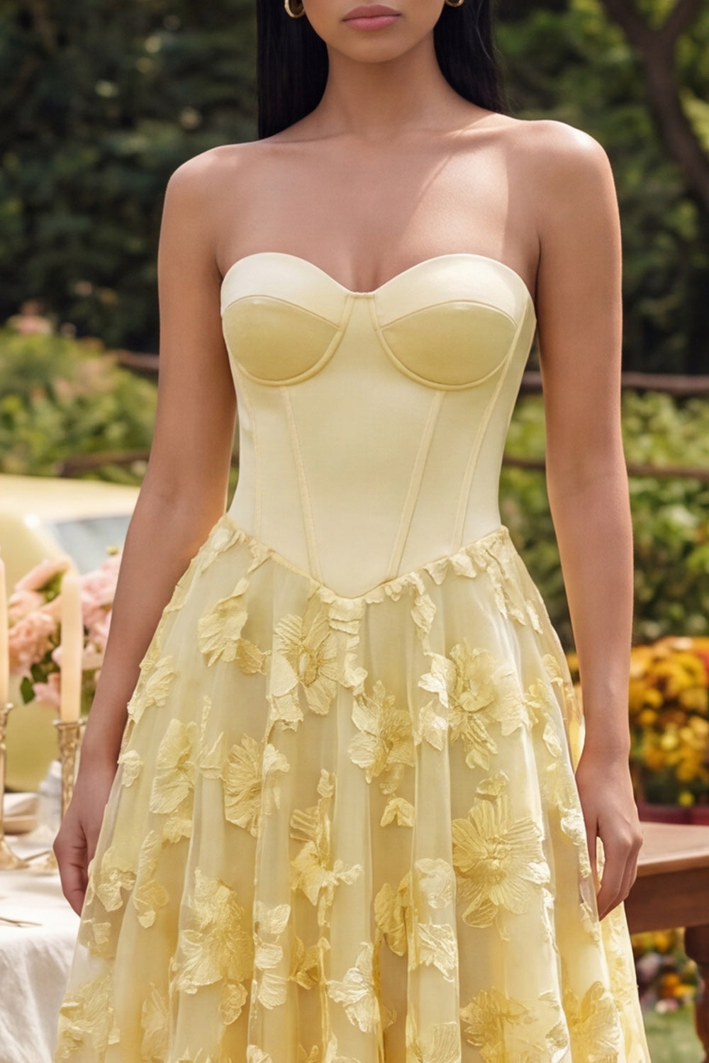 Berylove Women Yellow Strapless Wedding Guest Dress Appliqued A Line Corset Midi Party Dress