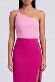 One Shoulder ColorBlock Pink and Fuchsia Sheath Formal Dress