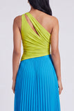 ColorBlock One Shoulder Pleated Green and Blue A Line Formal Dress