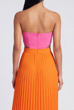 Strapless ColorBlock Pleated Pink and Orange A Line Formal Dress