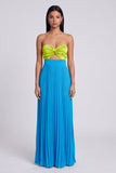 Strapless Green and Blue ColorBlock Pleated A Line Formal Dress