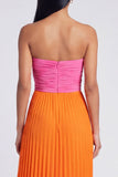 Strapless Pink and Orange ColorBlock Pleated A Line Formal Dress